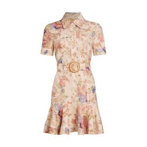 Zimmermann 'August' Beige Linen Belted Floral Mini Dress Size 2